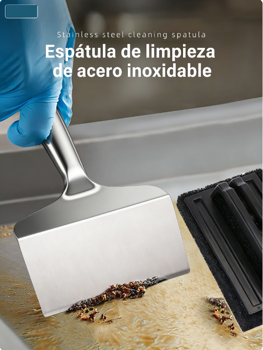 Espátula de limpieza de barbacoa de acero inoxidable, almohadilla de limpieza, piedra de limpieza, cepillo de limpieza, raspador de bandeja para hornear, juego de limpieza de placas de hierro