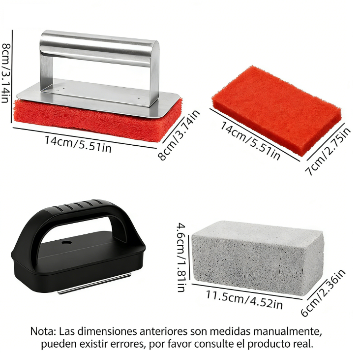Espátula de limpieza de barbacoa de acero inoxidable, almohadilla de limpieza, piedra de limpieza, cepillo de limpieza, raspador de bandeja para hornear, juego de limpieza de placas de hierro